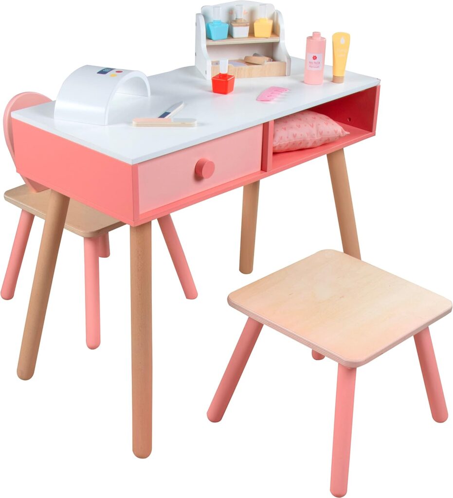 Pretend Nail Salon Wooden Play Set - Run Your Own Salon - Full Playset Includes Nail Polishes, Beauty Caddy, File, Dryer, Chair  Stool - Mess-Free, Fun Mani Pedi Manicure Nail Care for Girls and Kids