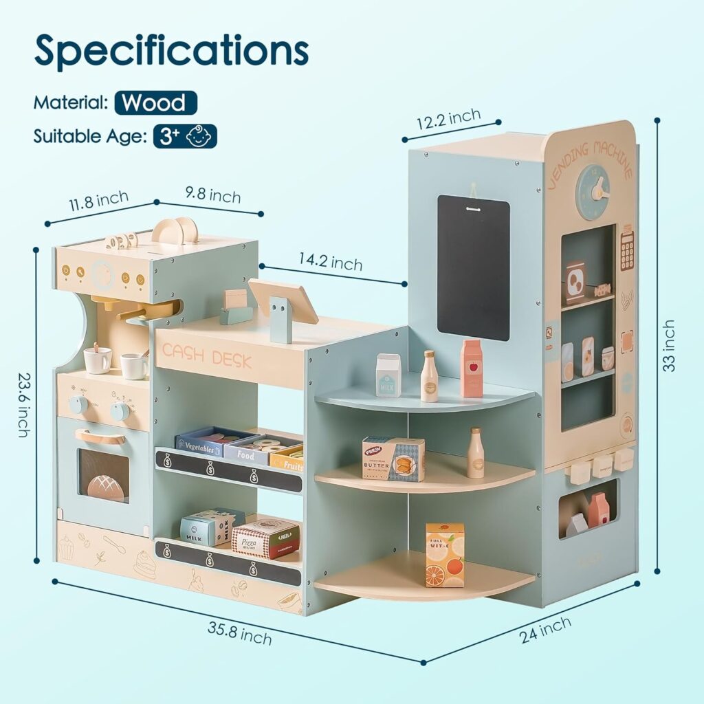 ROBOTIME Kids Grocery Store Playset, Wooden Pretend Play Supermarket with Checkout Counter, Vending Machine Toy, Kids Coffee Maker  Cuting Food, Grocery Store Pretend Play for Toddler Boys Girls