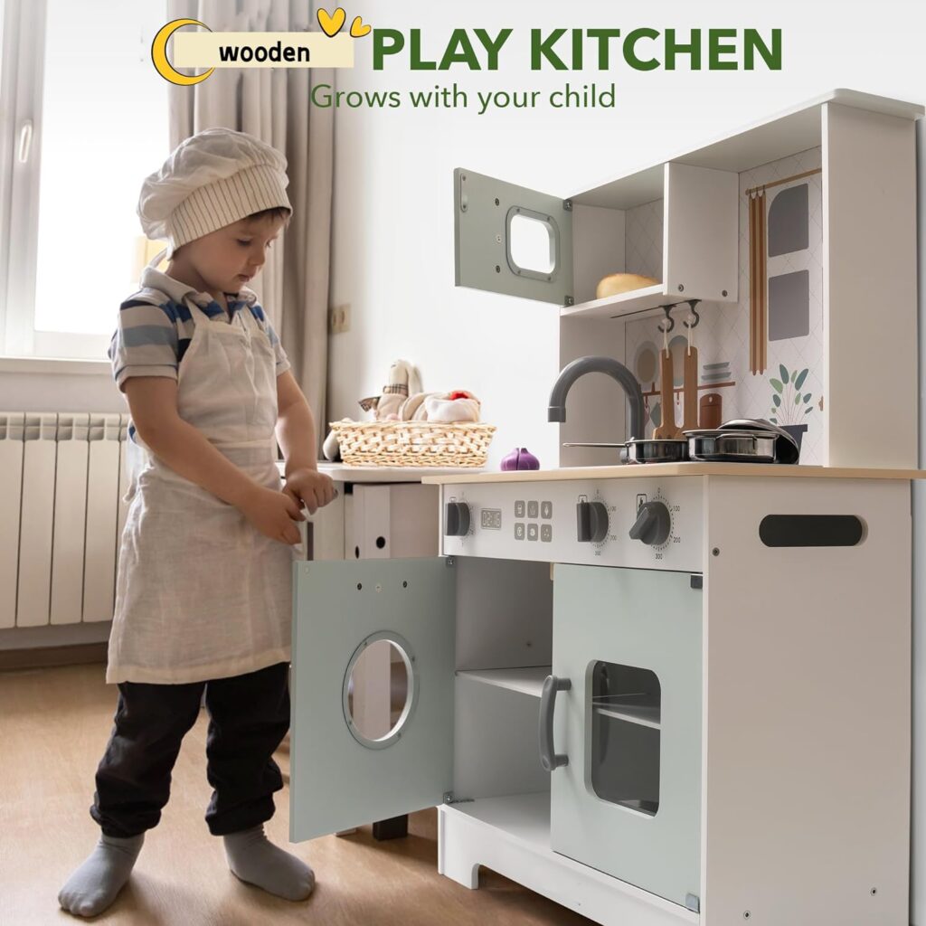 ROBOTIME Wooden Kitchen Playset, Kids Play Kitchen with Ice Maker, BBQ and Dishwasher. Pretend Toddler Kitchen with Lights  Sounds for Ages 3+