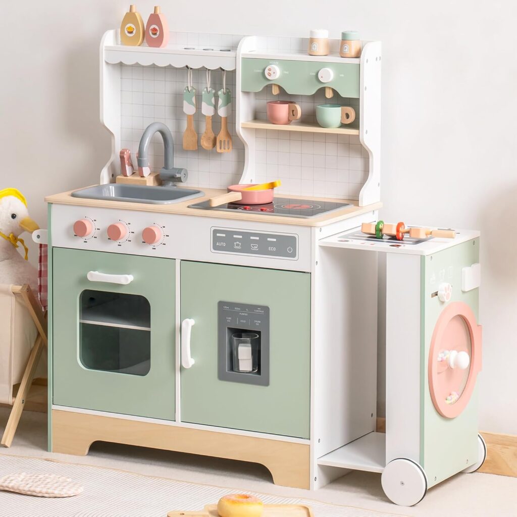 ROBUD Wooden Play Kitchen Set for Kids Toddlers, Pretend Kitchen Playset with BBQ Grill, Ice Maker, Coffee Machine, and Accessories, Toy Kitchen Gift with Lights  Sounds for Girls  Boys, Age 3+