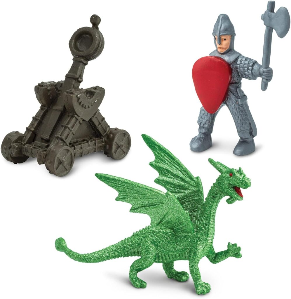 Safari Ltd. Knights  Dragons Toob - Set of 10 Mini Figurines: Red  Blue Kingdom Knights, Catapult, and Green Dragon - History Learning Toy Figures for Boys, Girls  Kids Ages 3+