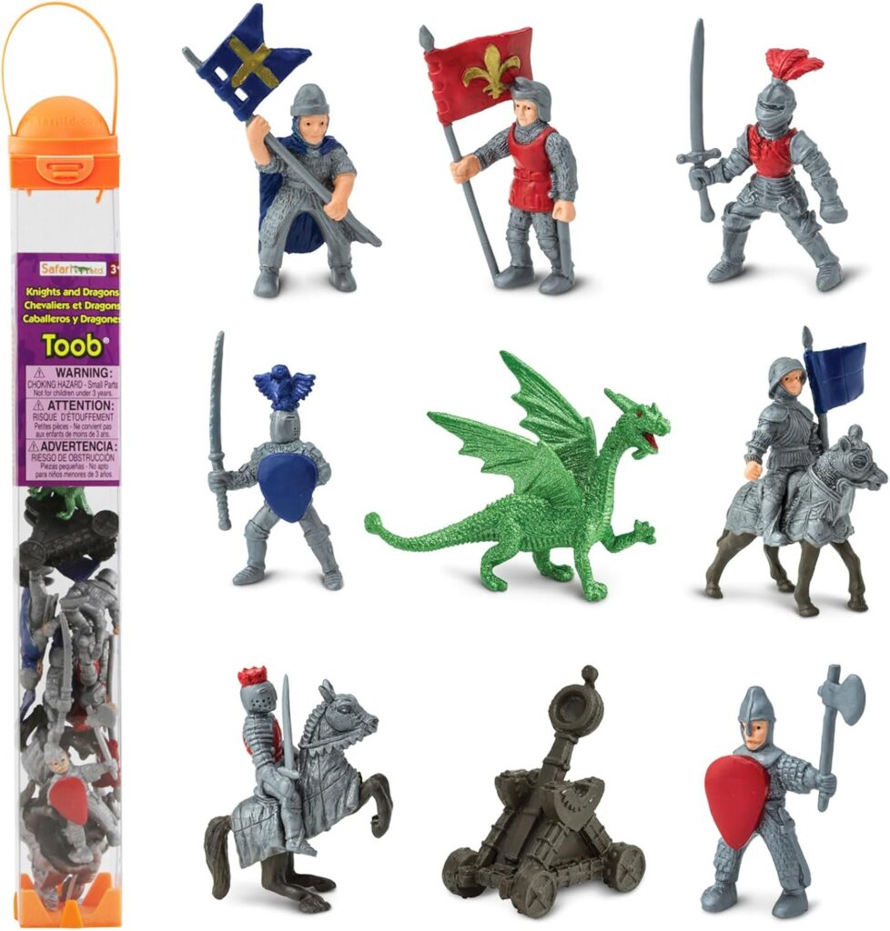 Safari Ltd. Knights  Dragons Toob - Set of 10 Mini Figurines: Red  Blue Kingdom Knights, Catapult, and Green Dragon - History Learning Toy Figures for Boys, Girls  Kids Ages 3+