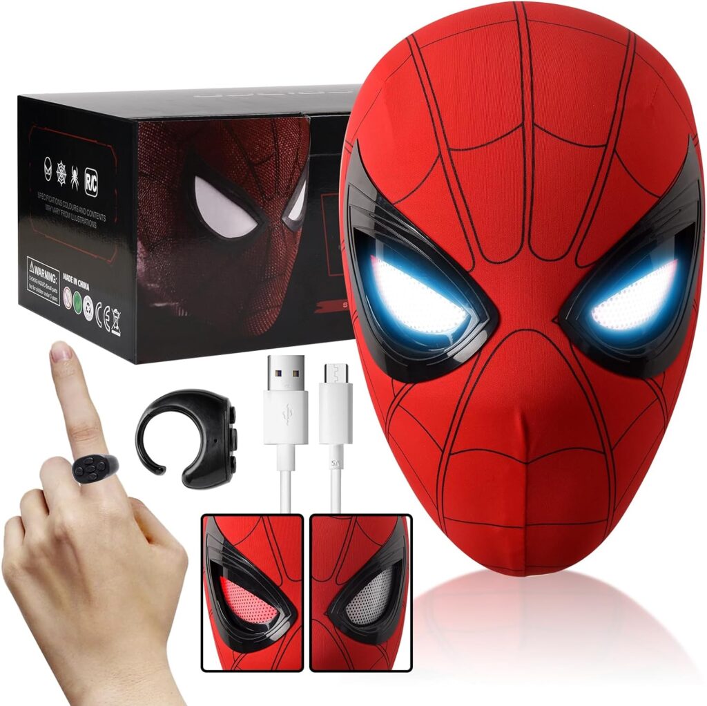 Spider Hero Mask Toy with Moving Eyes and LED Lights - Movable Eyes Remote Control, Full Face - Great for Halloween, Christmas, Cosplay