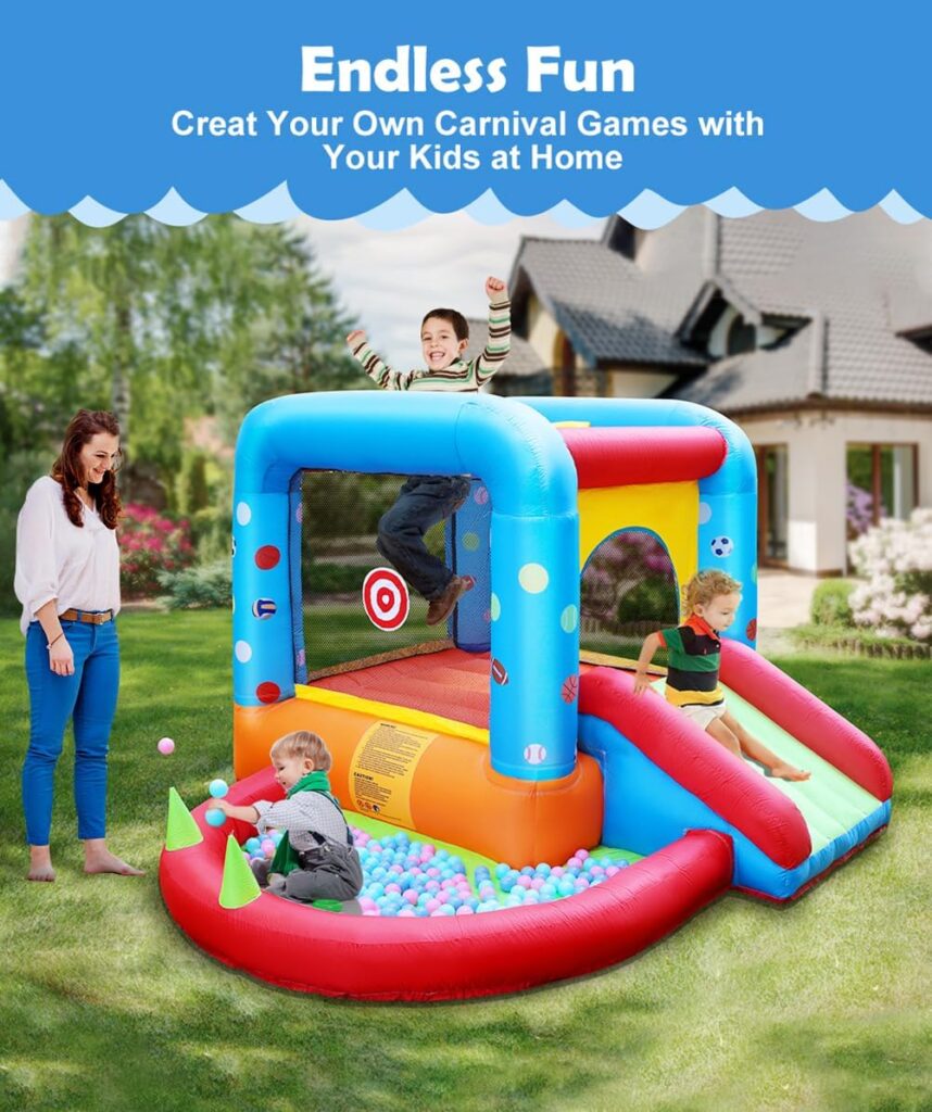 Step4Fun Inflatable Bounce House, Kids Castle Slide Bouncer for Children Jumping Outdoor and Indoor Party, Baby Backyard Water Jumper Toy with blower, Ball Pit Pool, Ideal gifts（112 x 98 x 65”）