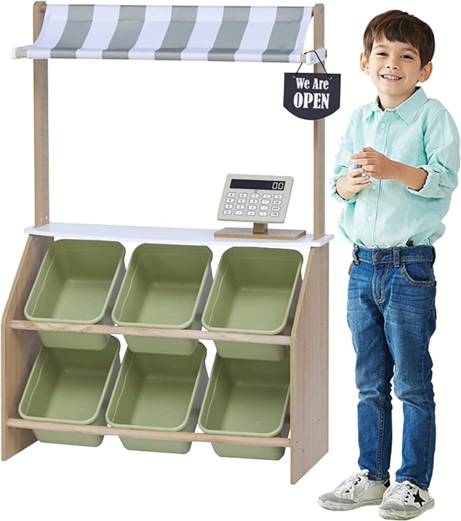 Teamson Kids Cashier Austin Interactive Wooden Play Market Stand with Lights and Sounds, Manual Conveyor Belt, Register and Display Spaces, Green and White Décor on Natural Wood