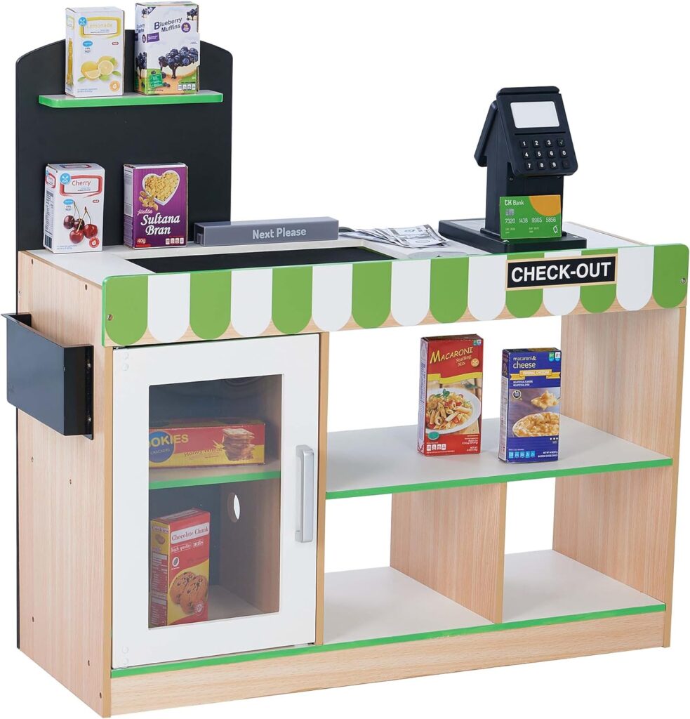 Teamson Kids Cashier Austin Interactive Wooden Play Market Stand with Lights and Sounds, Manual Conveyor Belt, Register and Display Spaces, Green and White Décor on Natural Wood