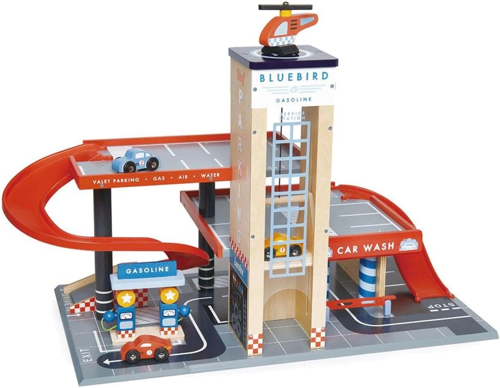 Tender Leaf Toys - Blue Bird Service Station - Classic Wooden Garage and Service Station for Cars and Helicopter with Ramps, Petrol Pumps and Car Wash Center - Imaginary and Roleplay for Children 3+