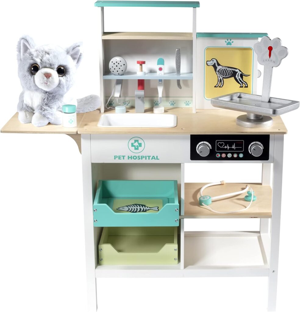 Vet Center Pretend Pet Hospital Playset - Wooden Animal Interactive Medical Checkup Set with Toy Cat, X-Ray Cards, Stethoscope  Veterinarian Medical Accessories, Fun Doctor Role Play Gift for Kids