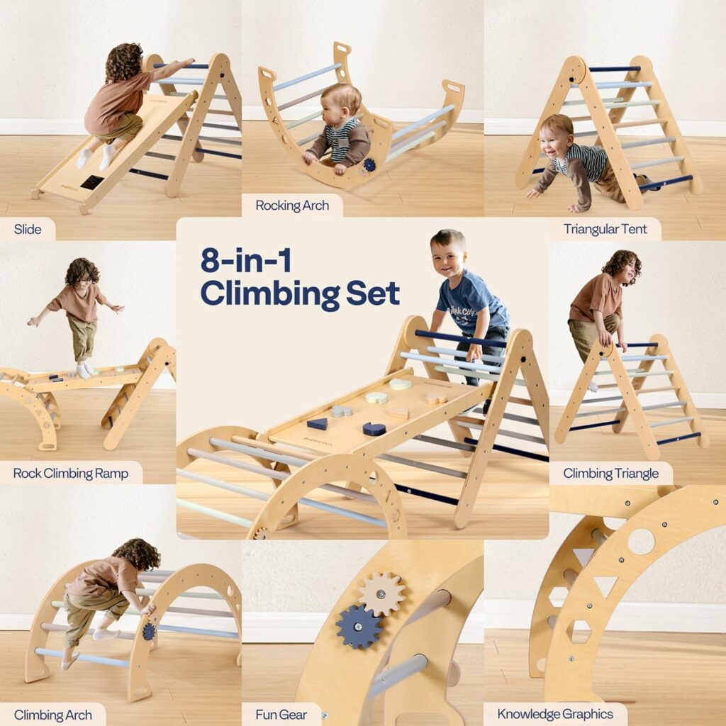 VIVOHOME 8 in 1 Pikler Triangle Set Wooden Climbing Toys for Toddlers Montessori Climbing Set Indoor Play Gym for Kids - Colorful