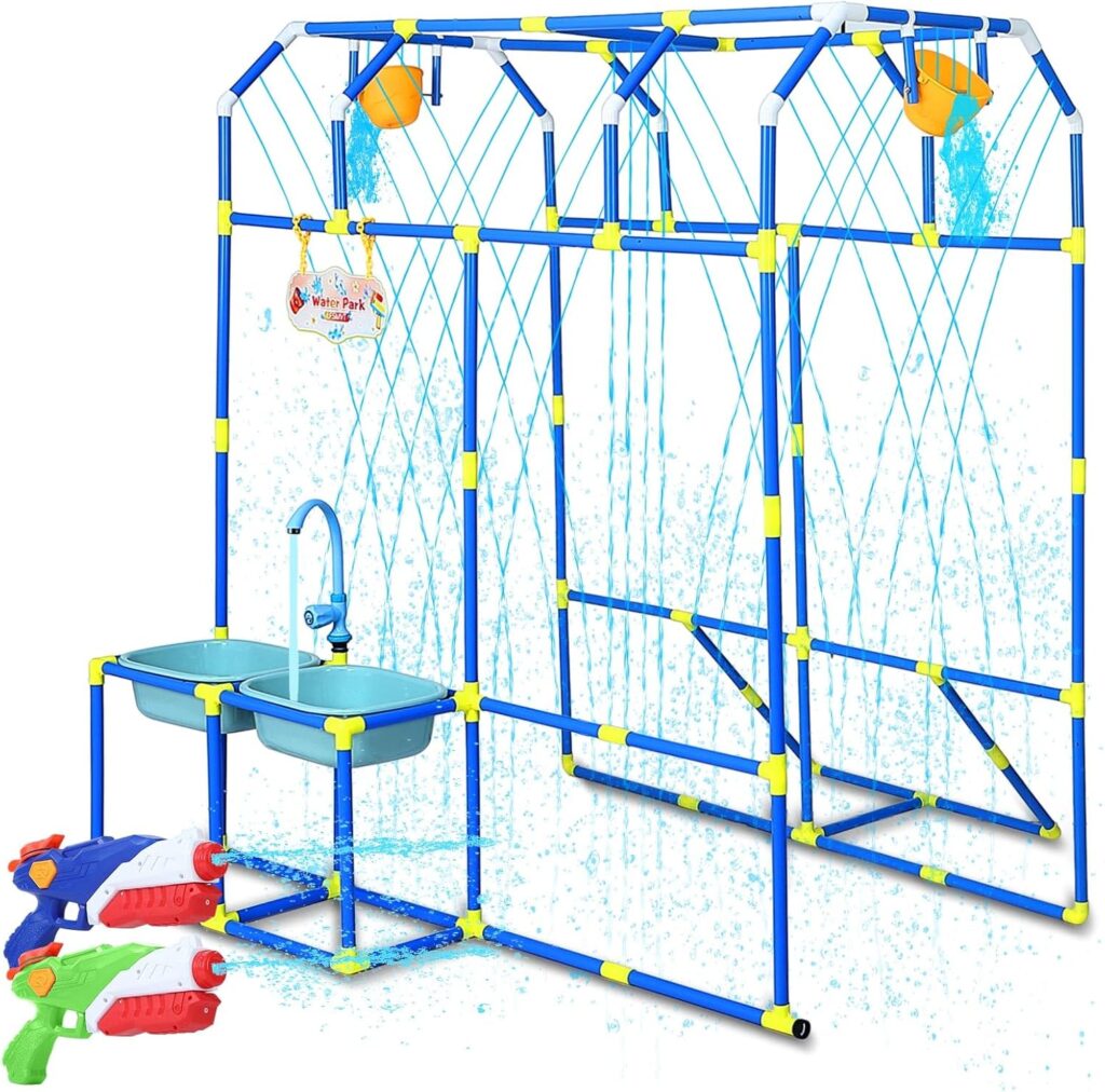 Water Park Sprinkler Toy, Backyard Splash Waterpark Game with Shooting Toys, Dump Bucket, Water Table  Faucets, Sprinkler for Kids Outdoor Summer Water Activities Fun Play