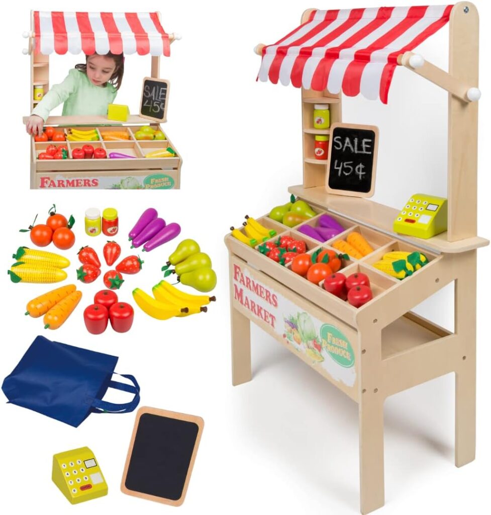 Wooden Farmers Market Stand - Toy Grocery Set for Pretend Role Play, 30+ Pieces- Includes Fruit Veggies Chalkboard  Cash Register, Fun Indoor Natural Wood Set, Kids Playroom, Daycare Activity Center