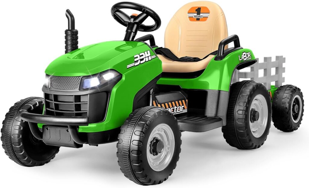 12V 7AH Ride on Tractor w/Tiltable Trailer  Remote Control, 2x45W Motors, Bluetooth, Music, Shifter, Electric Car for Kids Ages 2-5, Green