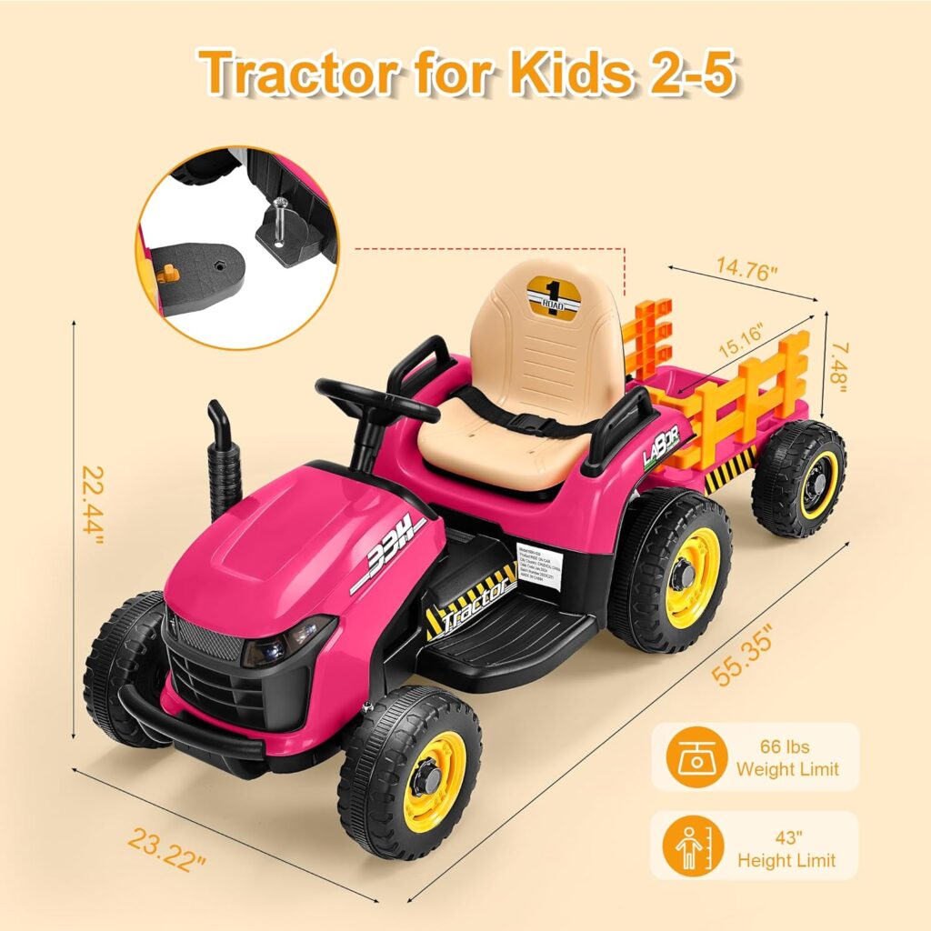 12V 7AH Ride on Tractor w/Tiltable Trailer  Remote Control, 2x45W Motors, Bluetooth, Music, Shifter, Electric Car for Kids Ages 2-5, Green