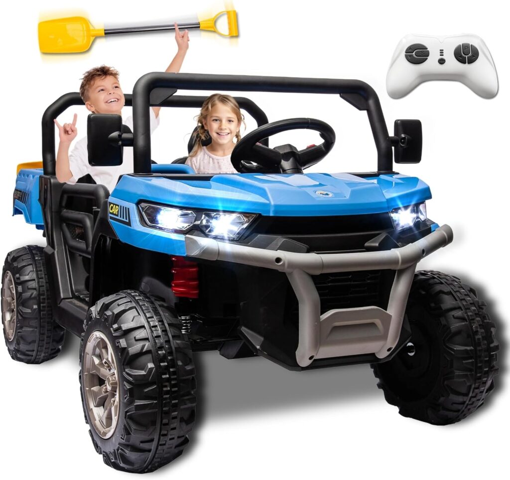 24V 2 Seater Kids Ride on Car Truck, Ride On UTV with 2x200W Motor Ride On Dump Truck, Ride On Car with Dump Bed/Shovel, Electric Vehicle with Rubber Tires, LED Light, Music, Remote Control, Black