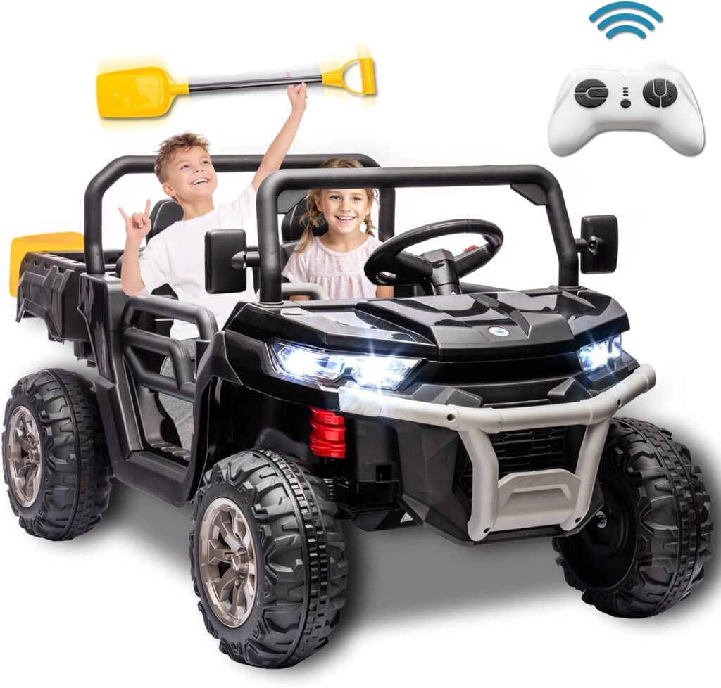 24V 2 Seater Kids Ride on Car Truck, Ride On UTV with 2x200W Motor Ride On Dump Truck, Ride On Car with Dump Bed/Shovel, Electric Vehicle with Rubber Tires, LED Light, Music, Remote Control, Black