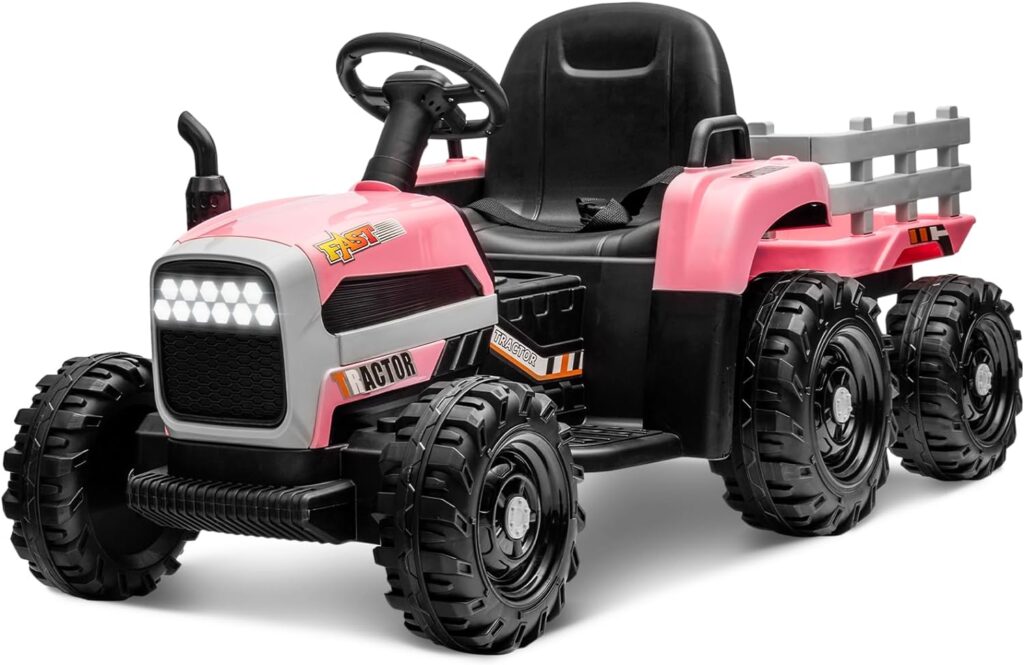 24V Ride on Tractor with Detachable Trailer,Kids Ride on Toy with Dual 200W Motor,2 in 1 Kids‘ Electric Vehicles with Remote,LED Light for 3-8 Years Old(Tractor, Pink)