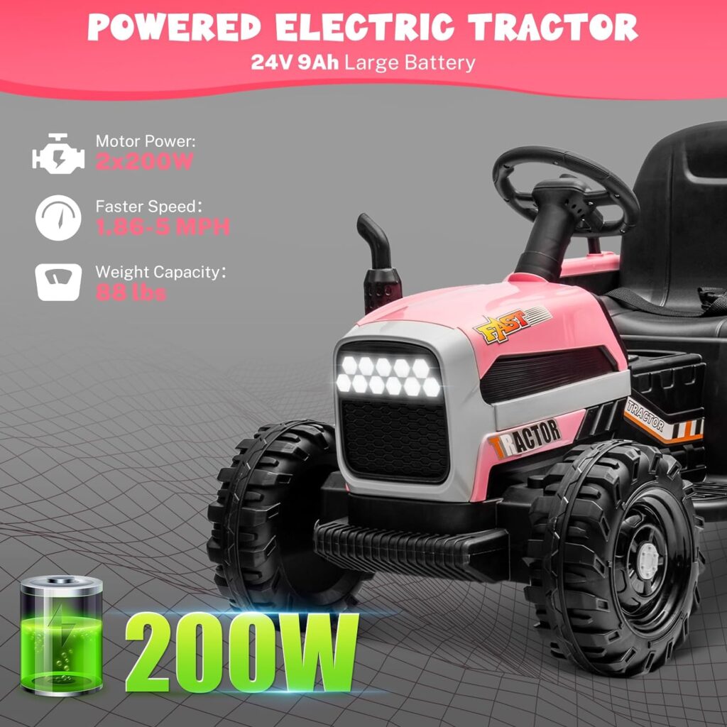 24V Ride on Tractor with Detachable Trailer,Kids Ride on Toy with Dual 200W Motor,2 in 1 Kids‘ Electric Vehicles with Remote,LED Light for 3-8 Years Old(Tractor, Pink)