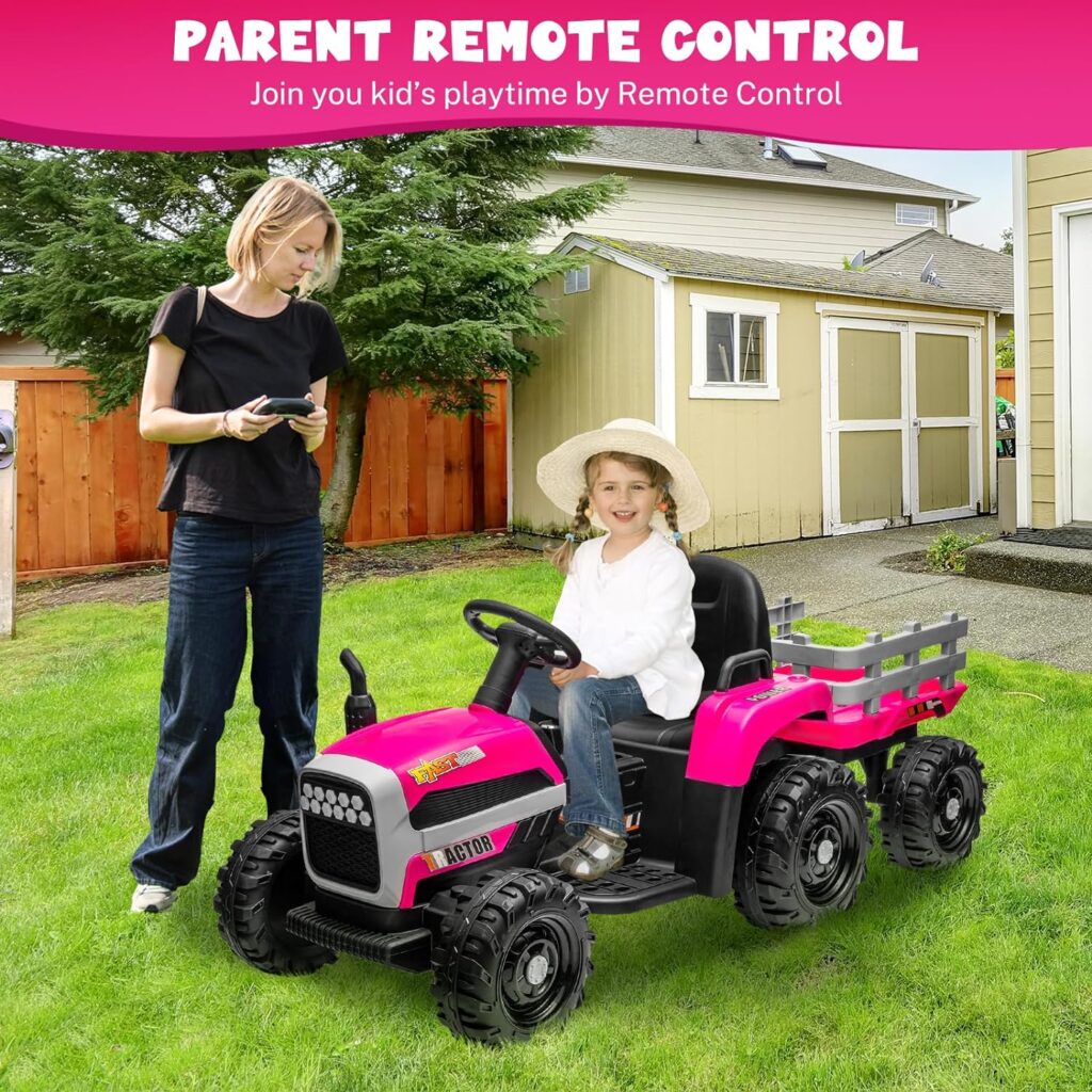 24V Ride on Tractor with Detachable Trailer,Kids Ride on Toy with Dual 200W Motor,2 in 1 Kids‘ Electric Vehicles with Remote,LED Light for 3-8 Years Old(Tractor, Pink)