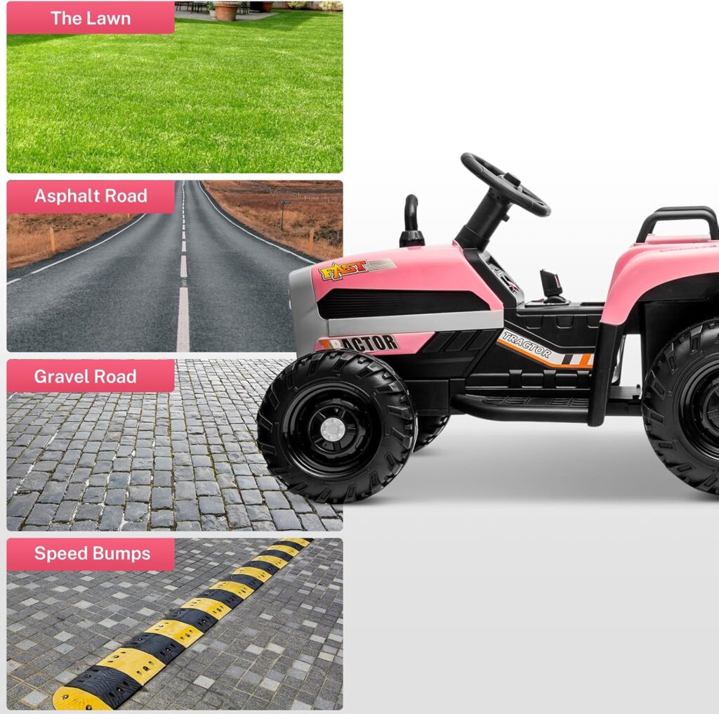 24V Ride on Tractor with Detachable Trailer,Kids Ride on Toy with Dual 200W Motor,2 in 1 Kids‘ Electric Vehicles with Remote,LED Light for 3-8 Years Old(Tractor, Pink)