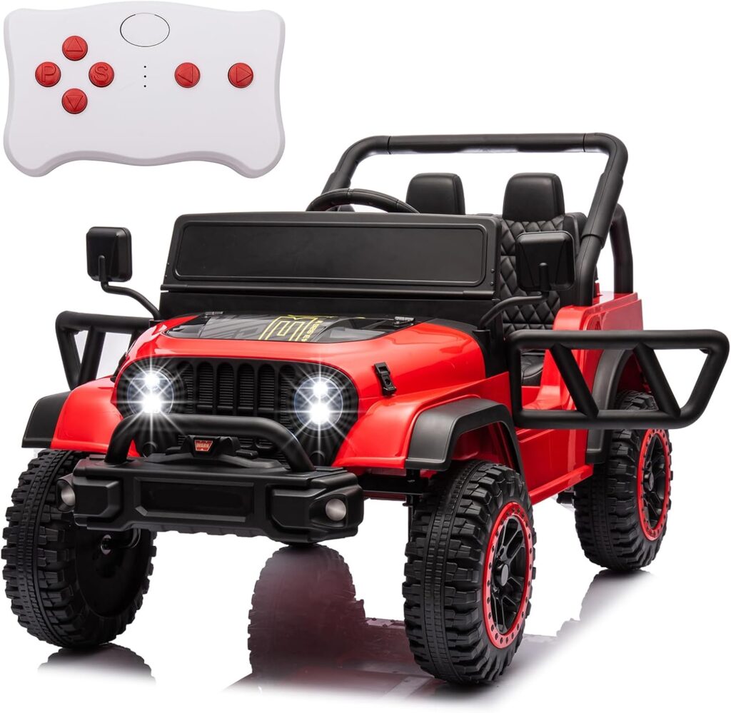 4x4 Ride On Truck for Kids, 24V Battery Powered Electric Car for Boys and Girls with EVA Tires 3 Speeds Off Road Vehicle with Remote Control, LED Headlights, Ride On Car w/Bluetooth, Red