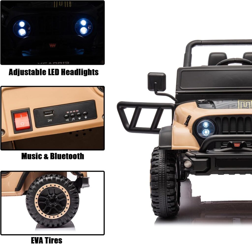 4x4 Ride On Truck for Kids, 24V Battery Powered Electric Car for Boys and Girls with EVA Tires 3 Speeds Off Road Vehicle with Remote Control, LED Headlights, Ride On Car w/Bluetooth, Red