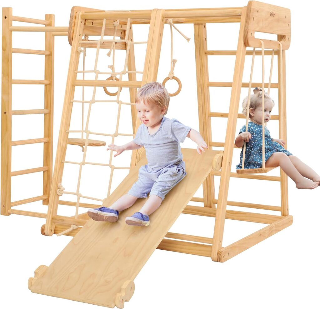 8 in 1 Large Indoor Jungle Gym, Wooden Montessori Indoor Playground for Kids with Slide, Climbing Wall/Net, Rope Ladder, Monkey Bars, Swing, Hanging Ring, Climbing Toy for Toddler 2-8 Inside