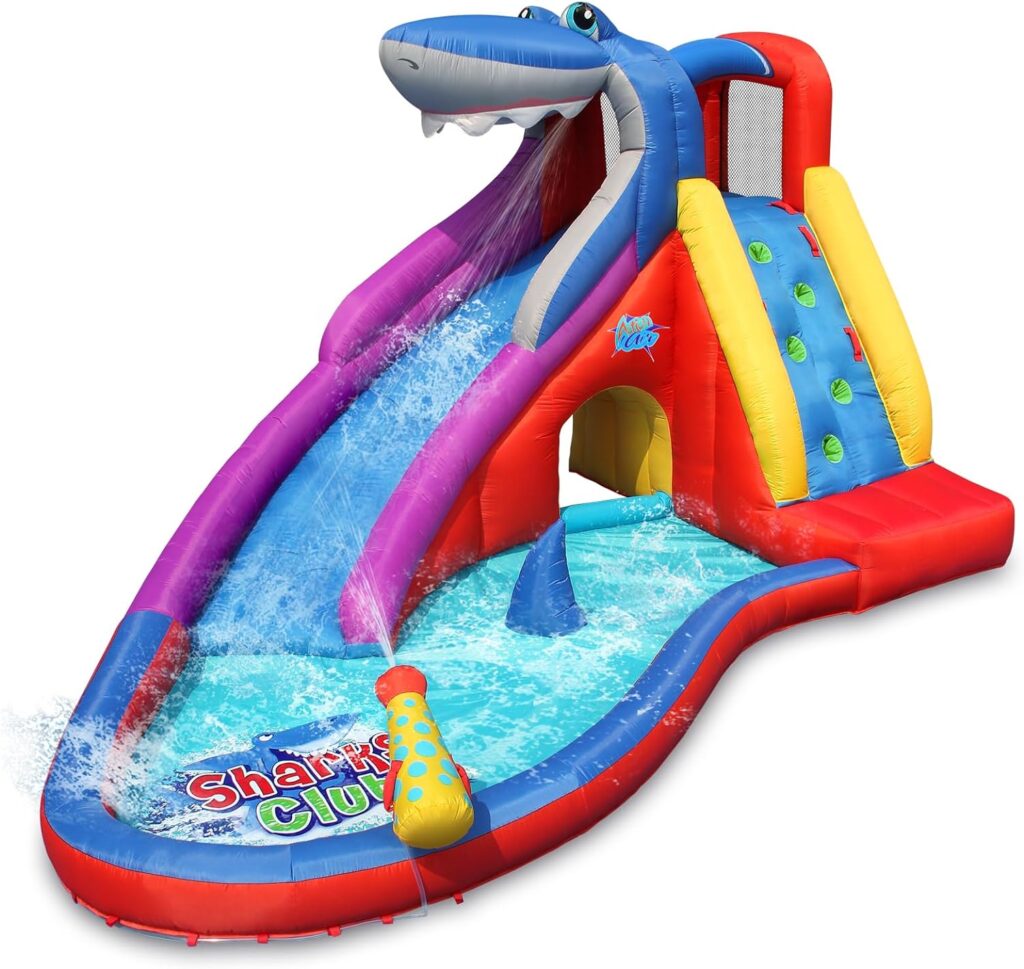 ACTION AIR Inflatable Water Slide, Red Shark Bounce House with Slide for Wet and Dry, Playground Sets for Kids Backyard, Water Spray, Water Pool, Durable Sewn with Extra Thick Material