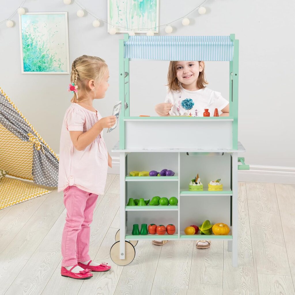 Costzon Double-Sided Play Kitchen  Grocery Store, 2-in-1 Wooden Kids Kitchen Playset with LED Light, Sink  Faucet, Chalkboard, Pretend Play Market Stand, Gift for Boys Girls Age 3+