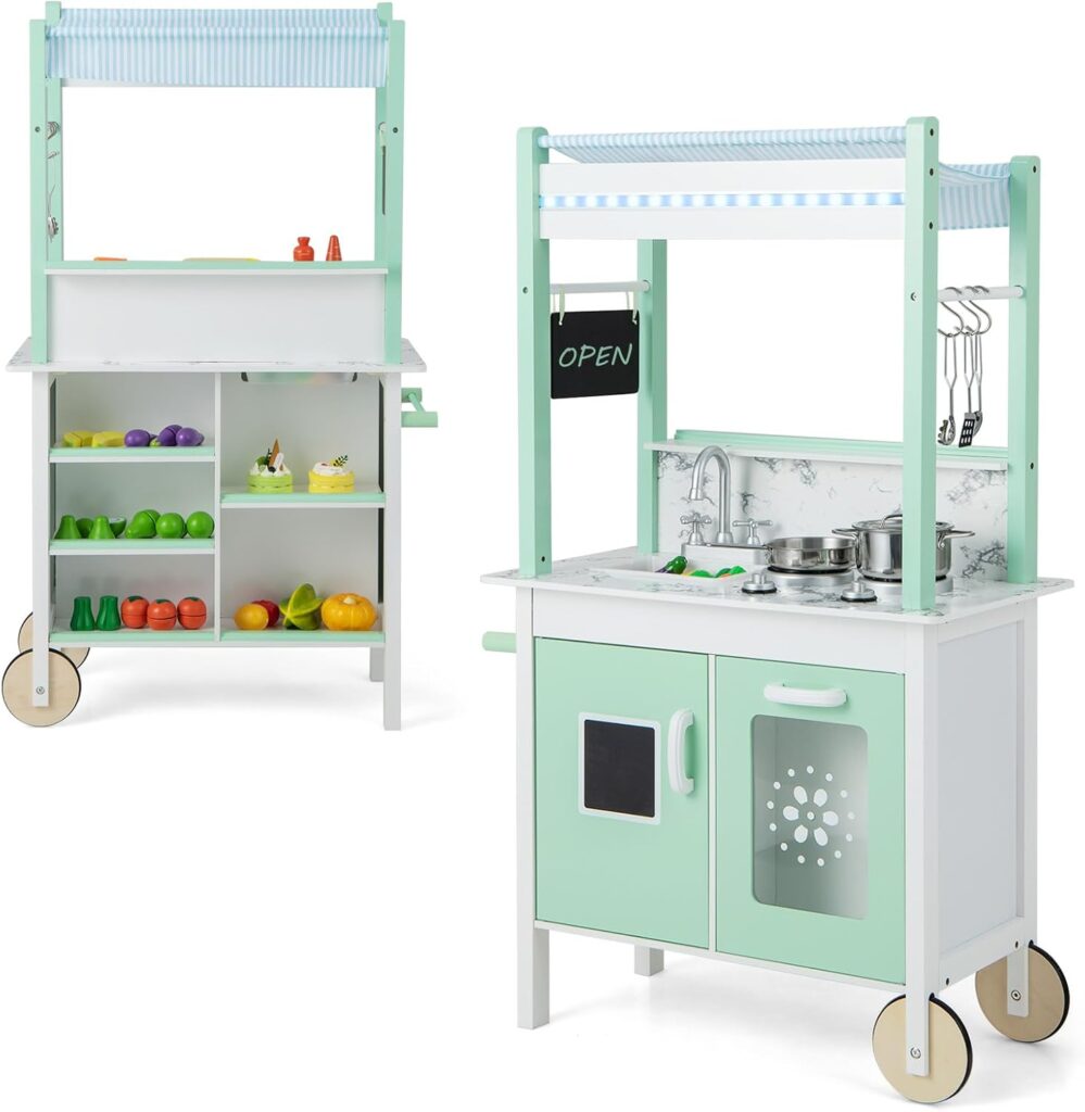 Costzon Double-Sided Play Kitchen  Grocery Store, 2-in-1 Wooden Kids Kitchen Playset with LED Light, Sink  Faucet, Chalkboard, Pretend Play Market Stand, Gift for Boys Girls Age 3+