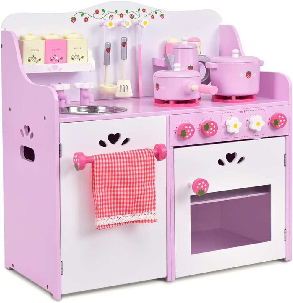 Costzon Kids Kitchen Playset, Wooden Pink Strawberry Themed Pretend Toy Set with 13-Pieces Cookware, Realistic Sound, Pot, Pan, Sink, Oven, Kitchen Set Gift for Toddlers, Girls