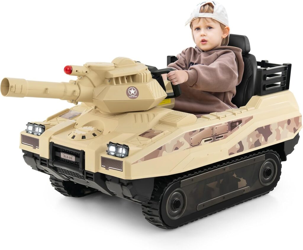 Costzon Kids Ride On Tank, 12V 12AH Battery Powered Toy Tank w/Rubber Tracks, Rotatable Turret  Working Cannon, Music, Wireless Design, 8 Missiles, Kids Ride on Car, Gift for Kids Aged 37-95 Months