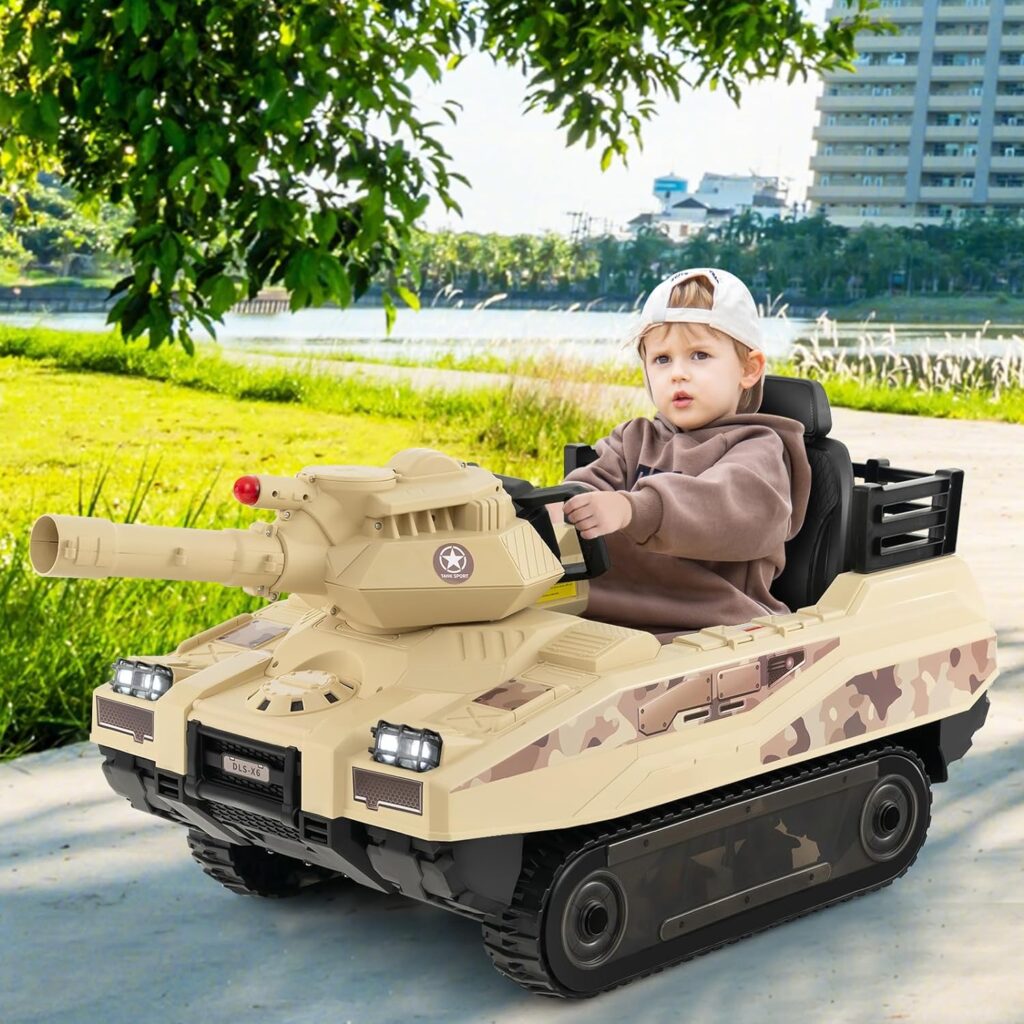 Costzon Kids Ride On Tank, 12V 12AH Battery Powered Toy Tank w/Rubber Tracks, Rotatable Turret  Working Cannon, Music, Wireless Design, 8 Missiles, Kids Ride on Car, Gift for Kids Aged 37-95 Months