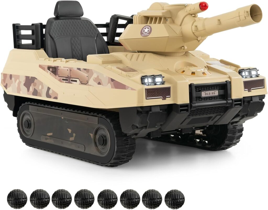 Costzon Kids Ride On Tank, 12V 12AH Battery Powered Toy Tank w/Rubber Tracks, Rotatable Turret  Working Cannon, Music, Wireless Design, 8 Missiles, Kids Ride on Car, Gift for Kids Aged 37-95 Months