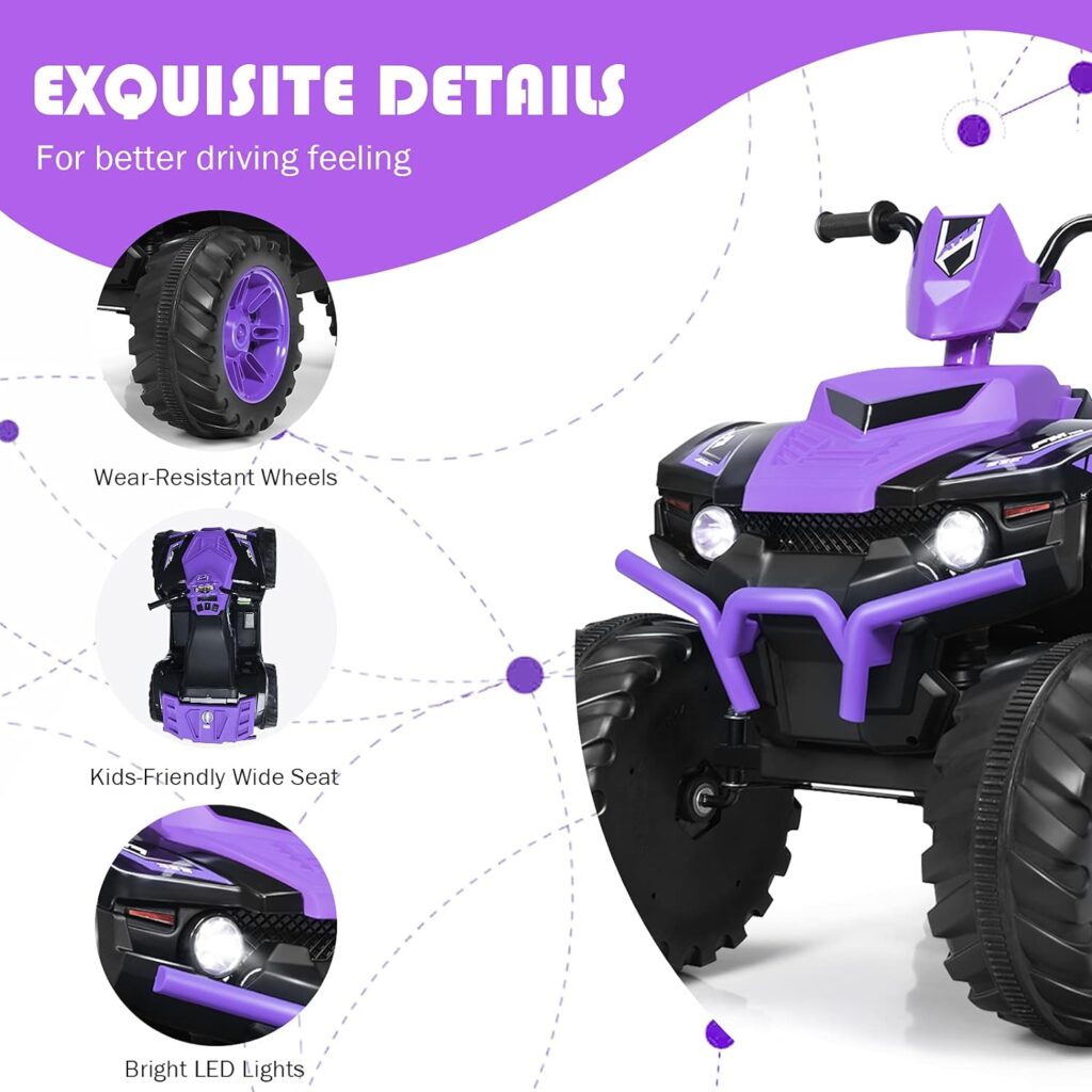 Coszton ATV for Kids, 24V Battery Powered Electric ATV Quad W/Soft Start, Wireless Connection, Music, Radio, Treaded Tires, LED Lights, Kids Ride-On ATV Kids 4-Wheeler for 3-8 Boys  Girls (Purple)