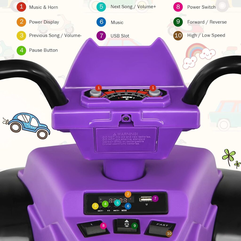 Coszton ATV for Kids, 24V Battery Powered Electric ATV Quad W/Soft Start, Wireless Connection, Music, Radio, Treaded Tires, LED Lights, Kids Ride-On ATV Kids 4-Wheeler for 3-8 Boys  Girls (Purple)