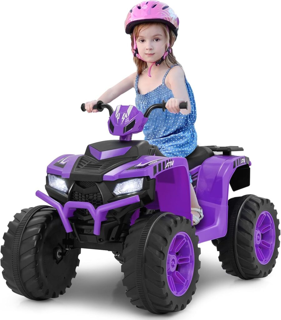 Coszton ATV for Kids, 24V Battery Powered Electric ATV Quad W/Soft Start, Wireless Connection, Music, Radio, Treaded Tires, LED Lights, Kids Ride-On ATV Kids 4-Wheeler for 3-8 Boys  Girls (Purple)