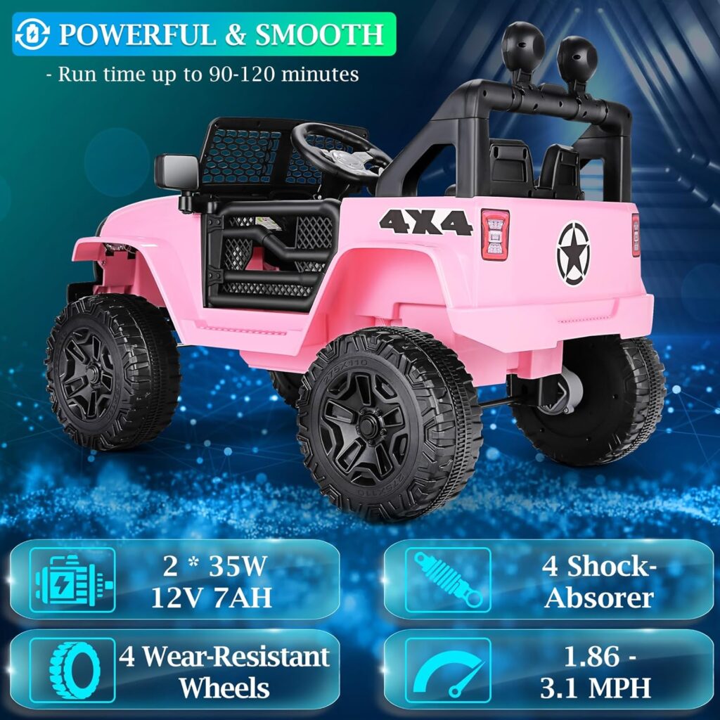 Hikole 12V Ride On Car Truck for Kids, Electric Jeep Toys w/Remote Control, Kids Car to Drive w/LED Lights, Bluetooth, 3 Speeds, Music  Horn, Pink