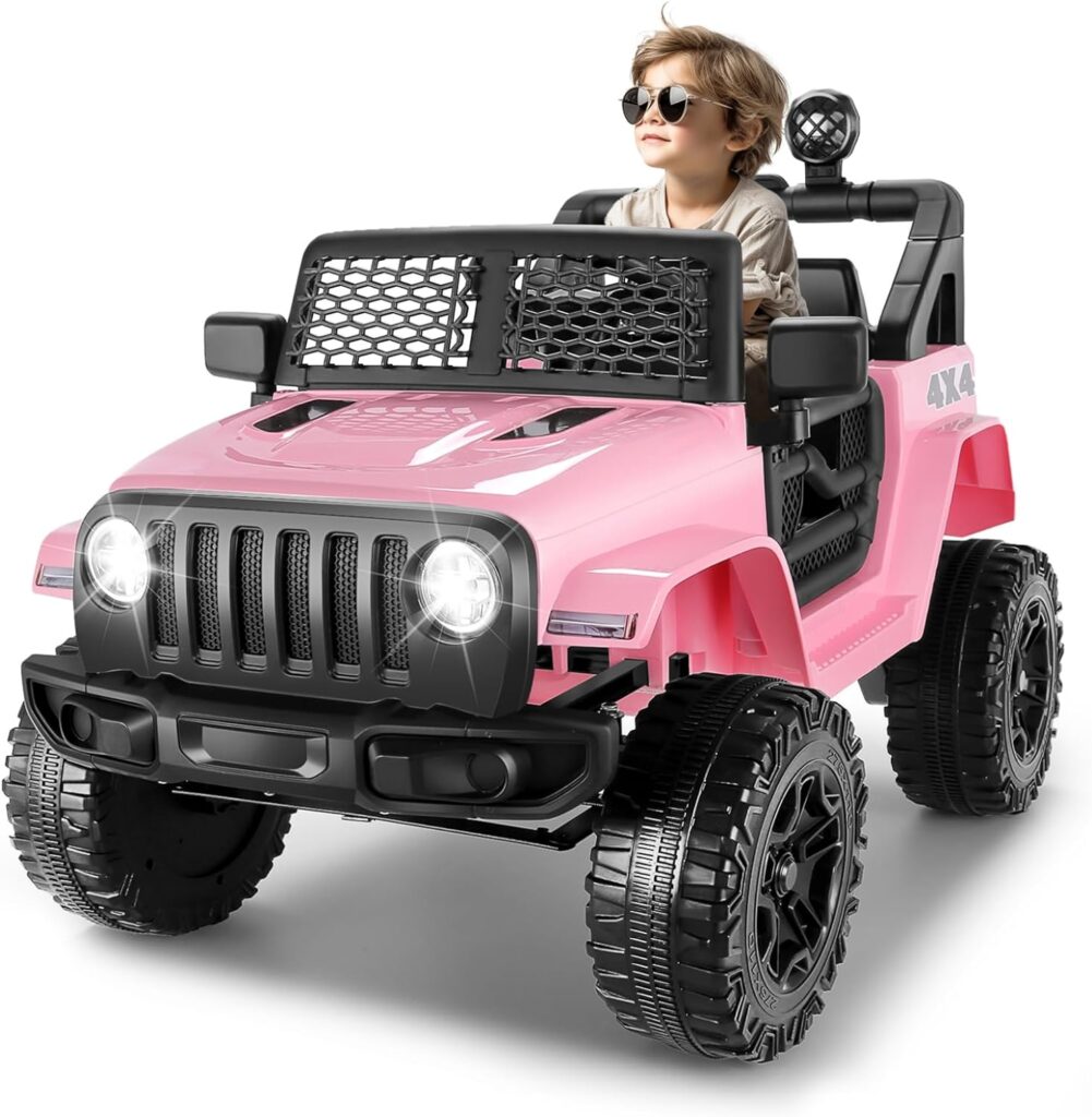 Hikole 12V Ride On Car Truck for Kids, Electric Jeep Toys w/Remote Control, Kids Car to Drive w/LED Lights, Bluetooth, 3 Speeds, Music  Horn, Pink