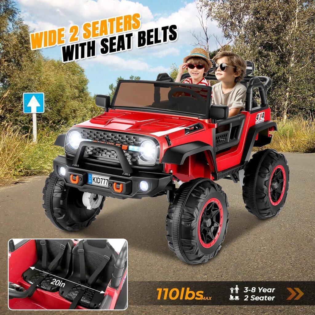 Hikole 24 Volt Electric Ride on Car Toys, 2 Seater Battery Powered Car for Big Kids with Remote Control, 4WD/2WD Switchable Ride in Truck w/4 Spring Suspension, Music, 20 Wide Seat, LED Light -Red