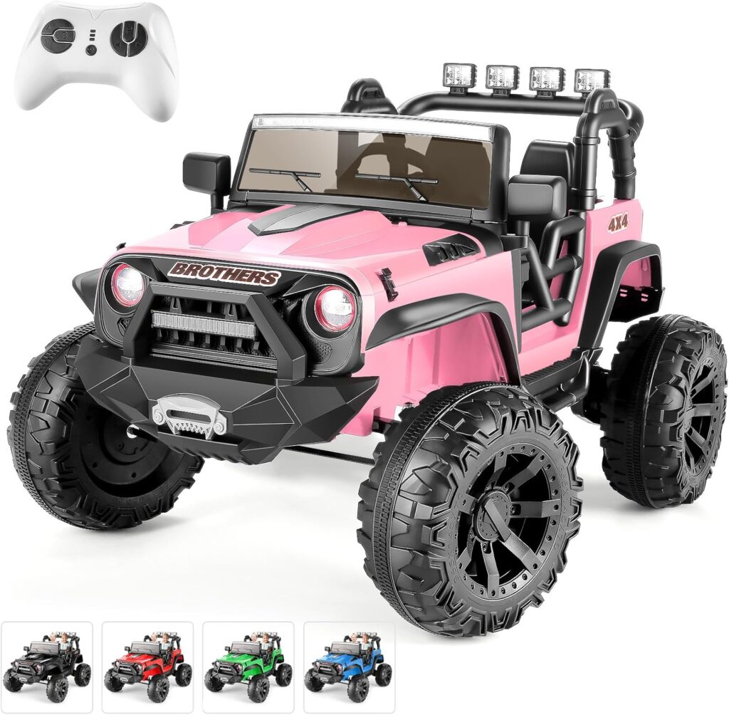 Hikole 24V Ride on Car Truck with Remote Control, Two Seater Ride on Kids Jeep Cars for Big Kids Boys  Girls 4-8 with Remote Control，Spring Suspension，LED Lights, Music, 2x200W Engine, Pink