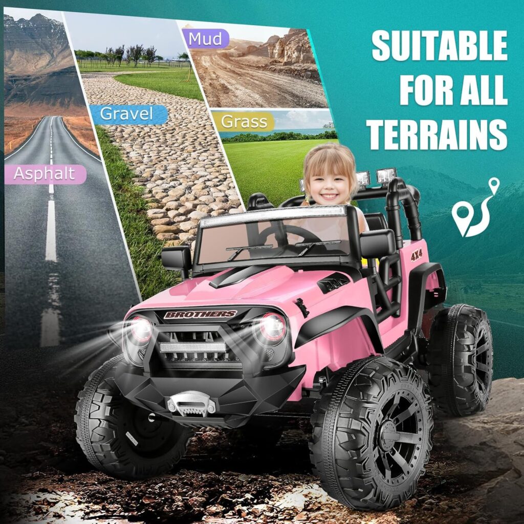 Hikole 24V Ride on Car Truck with Remote Control, Two Seater Ride on Kids Jeep Cars for Big Kids Boys  Girls 4-8 with Remote Control，Spring Suspension，LED Lights, Music, 2x200W Engine, Pink