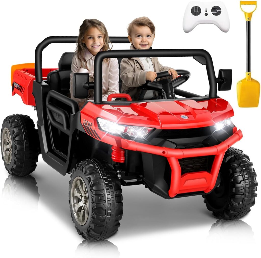 Hikole 24V Ride on Toys for Boys and Girls, Two Seater Dump Truck Cars for Kids w/Dump Bed，Remote Control, Extra Shovel, Music, LED Light, 4-Wheeler Suspension, 2WD, 4X4 Side by Side Ride On UTV, Red