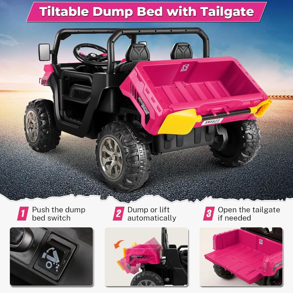 Hikole 24V Ride on Toys for Boys and Girls, Two Seater Dump Truck Cars for Kids w/Dump Bed，Remote Control, Extra Shovel, Music, LED Light, 4-Wheeler Suspension, 2WD, 4X4 Side by Side Ride On UTV, Red