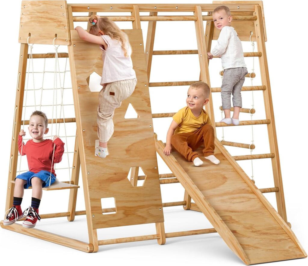 Indoor Jungle Gym for Kids 2-10yrs, 2024 Upgraded 8-in-1 Climbing Toy for Toddlers with Slide, Swing and Climbing Rock, Montessori Indoor Playground, Climber Playset for Kids