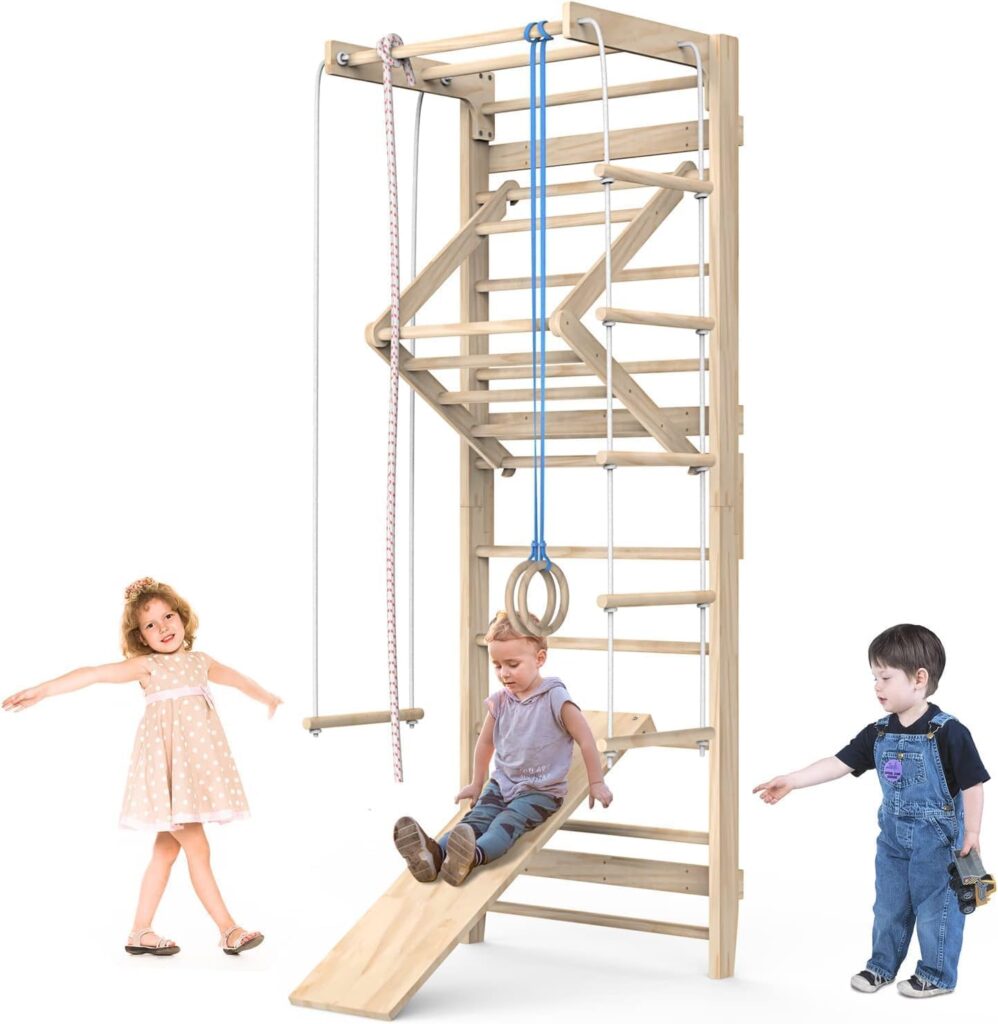 Indoor Jungle Gym, Wooden Playground Climbing Toys for Toddlers, Swedish Wall Ladder Stall Bars Set, Toddler Climbing Toys Indoor, Stall Bars for Exercise for All Family All Ages Training Stretching