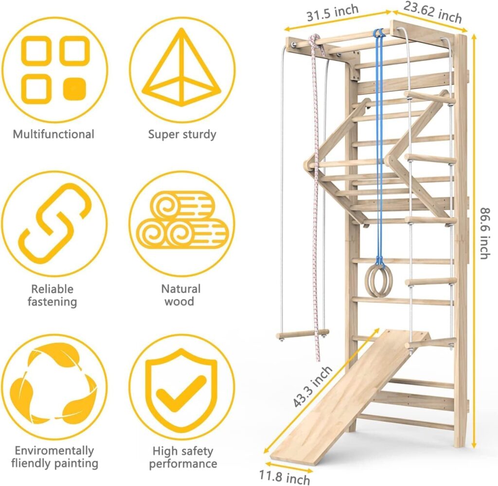 Indoor Jungle Gym, Wooden Playground Climbing Toys for Toddlers, Swedish Wall Ladder Stall Bars Set, Toddler Climbing Toys Indoor, Stall Bars for Exercise for All Family All Ages Training Stretching