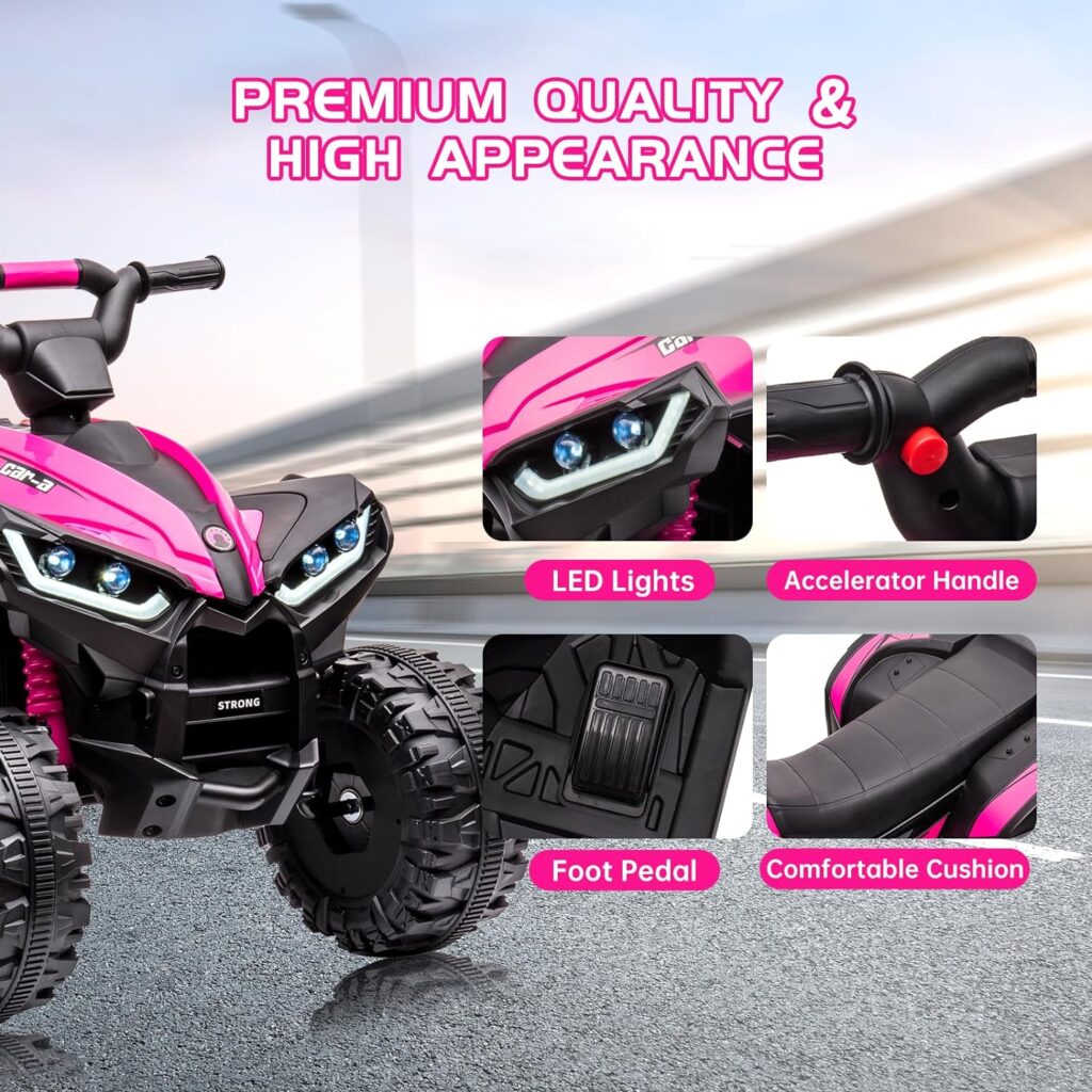 Kids ATV Ride on Toy 12V 4 Power Wheels for Kids, Battery Powered Quad Toy Vehicle with Music, Horn, High Low Speeds, LED Lights, Electric Ride On Toy, Soft Start, for Boys  Girls Gift, Pink