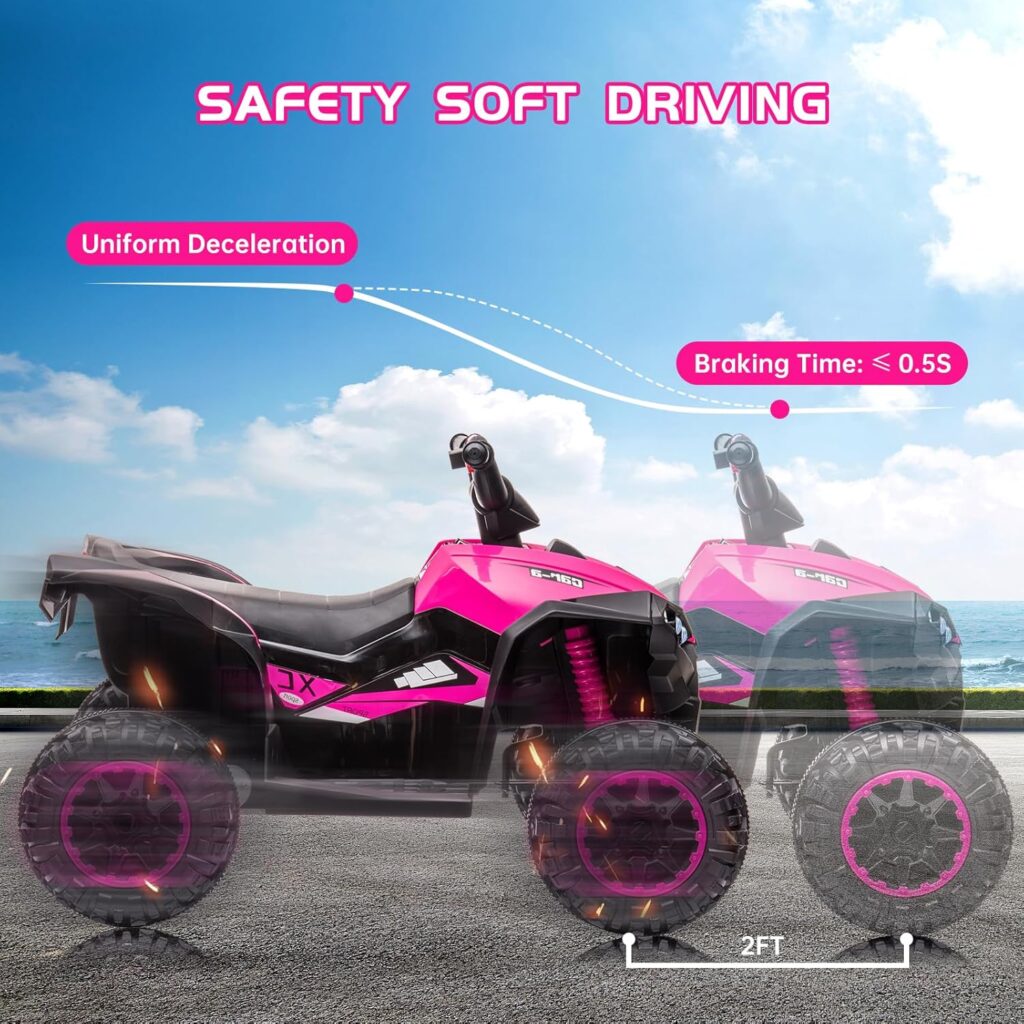 Kids ATV Ride on Toy 12V 4 Power Wheels for Kids, Battery Powered Quad Toy Vehicle with Music, Horn, High Low Speeds, LED Lights, Electric Ride On Toy, Soft Start, for Boys  Girls Gift, Pink