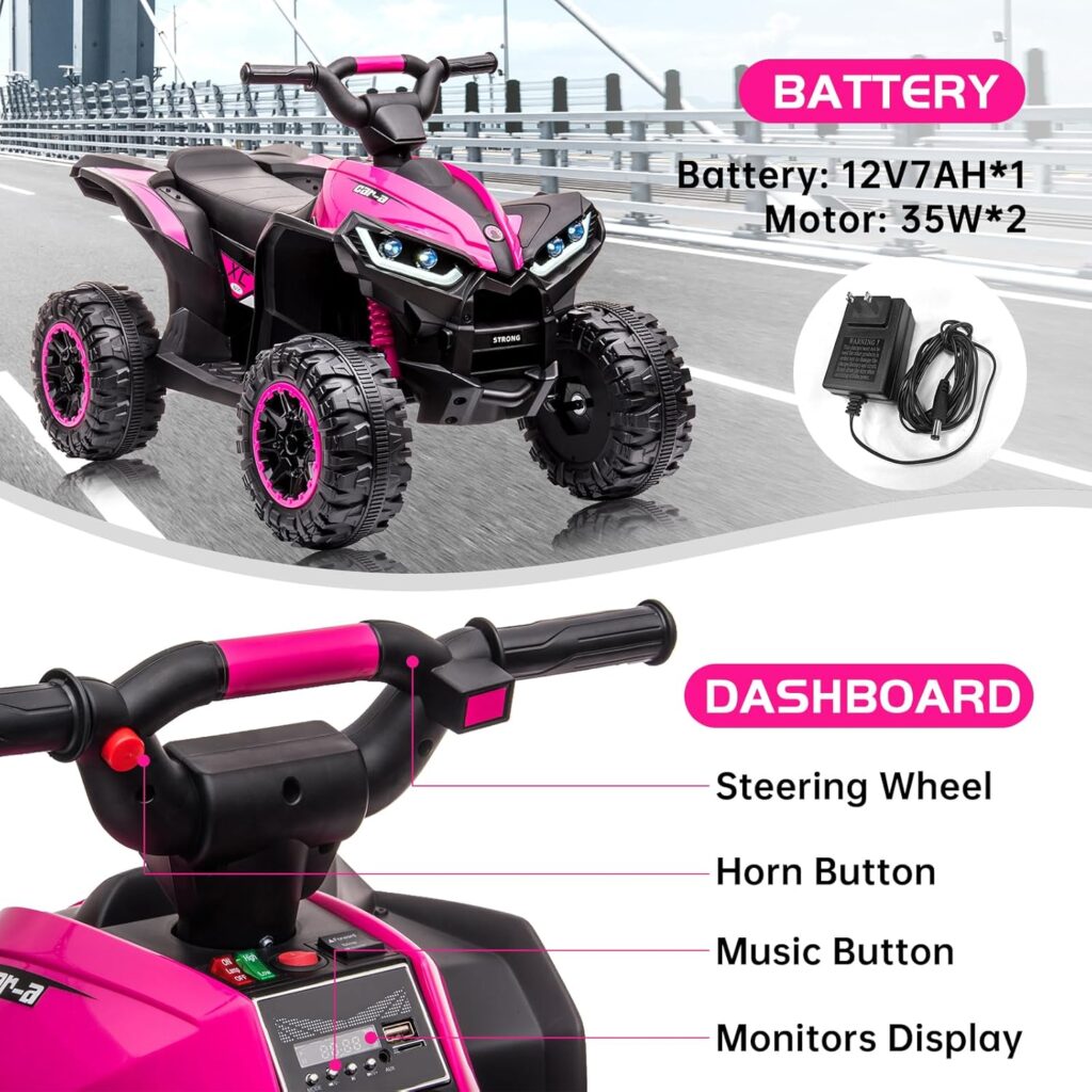 Kids ATV Ride on Toy 12V 4 Power Wheels for Kids, Battery Powered Quad Toy Vehicle with Music, Horn, High Low Speeds, LED Lights, Electric Ride On Toy, Soft Start, for Boys  Girls Gift, Pink