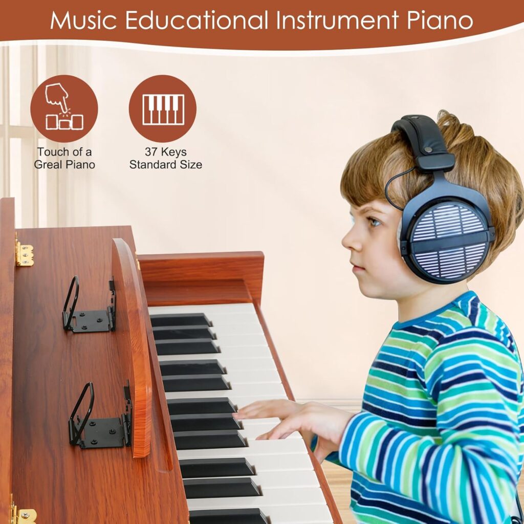 Kids Piano Keyboard,Wooden Kids Piano with Music Stand Music Educational Instrument Toy 37 Keys Digital Piano for Girls and Boys